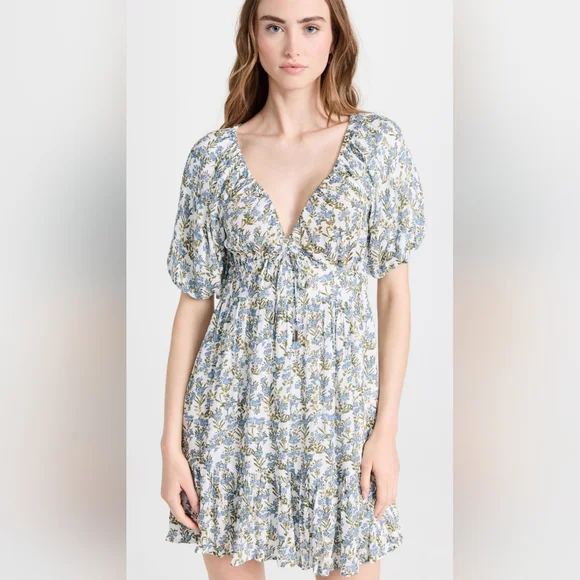 Minkpink Juniper mini dress NEW linen blend puff sleeve flowy floral shopbop